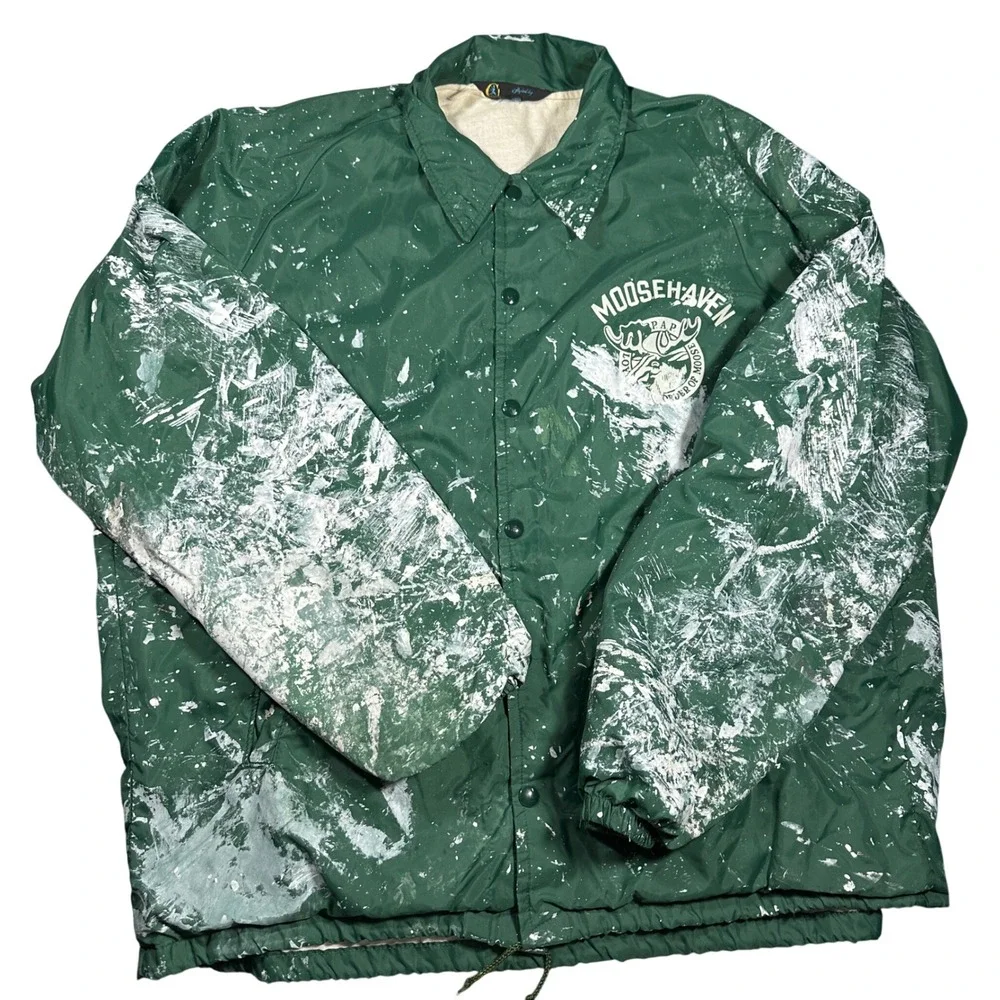 1970s Crazy Paint Stained Vintage Champion Windbreaker Coaches Jacket Green XL